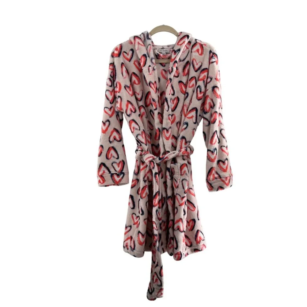 Vera Bradley Womens Hooded Fleece Robe S/M Pink Red Heart Print Soft Cozy Love a